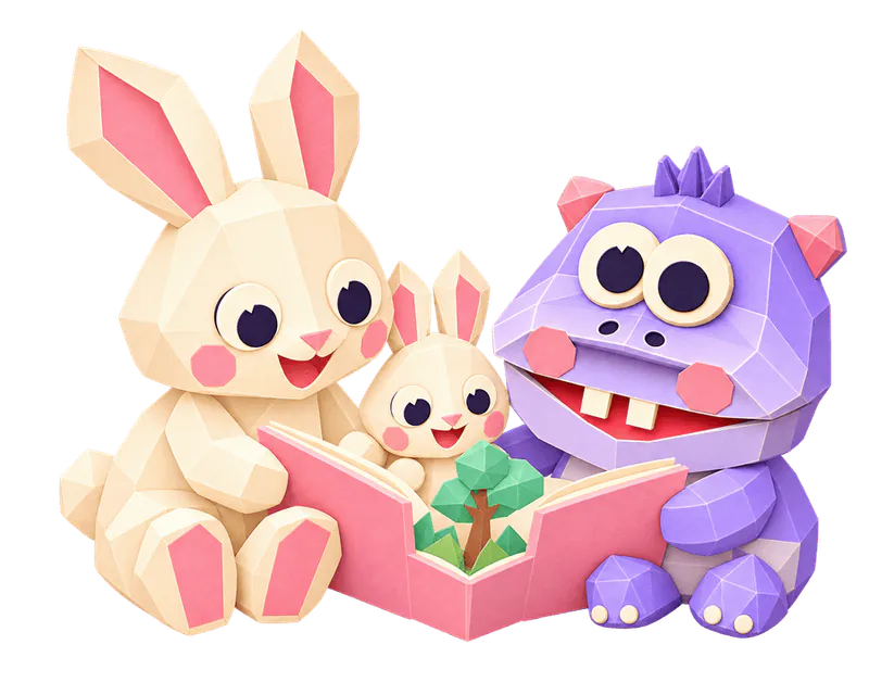 Foldy reading a pop-up book with a bunny family