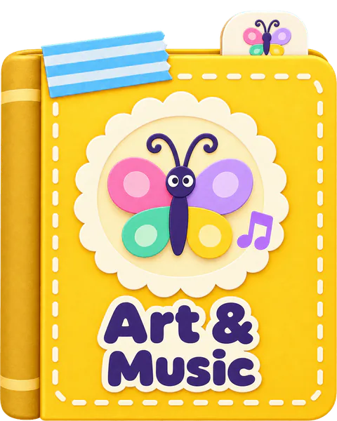The Art & Music book: a yellow cover with a butterfly