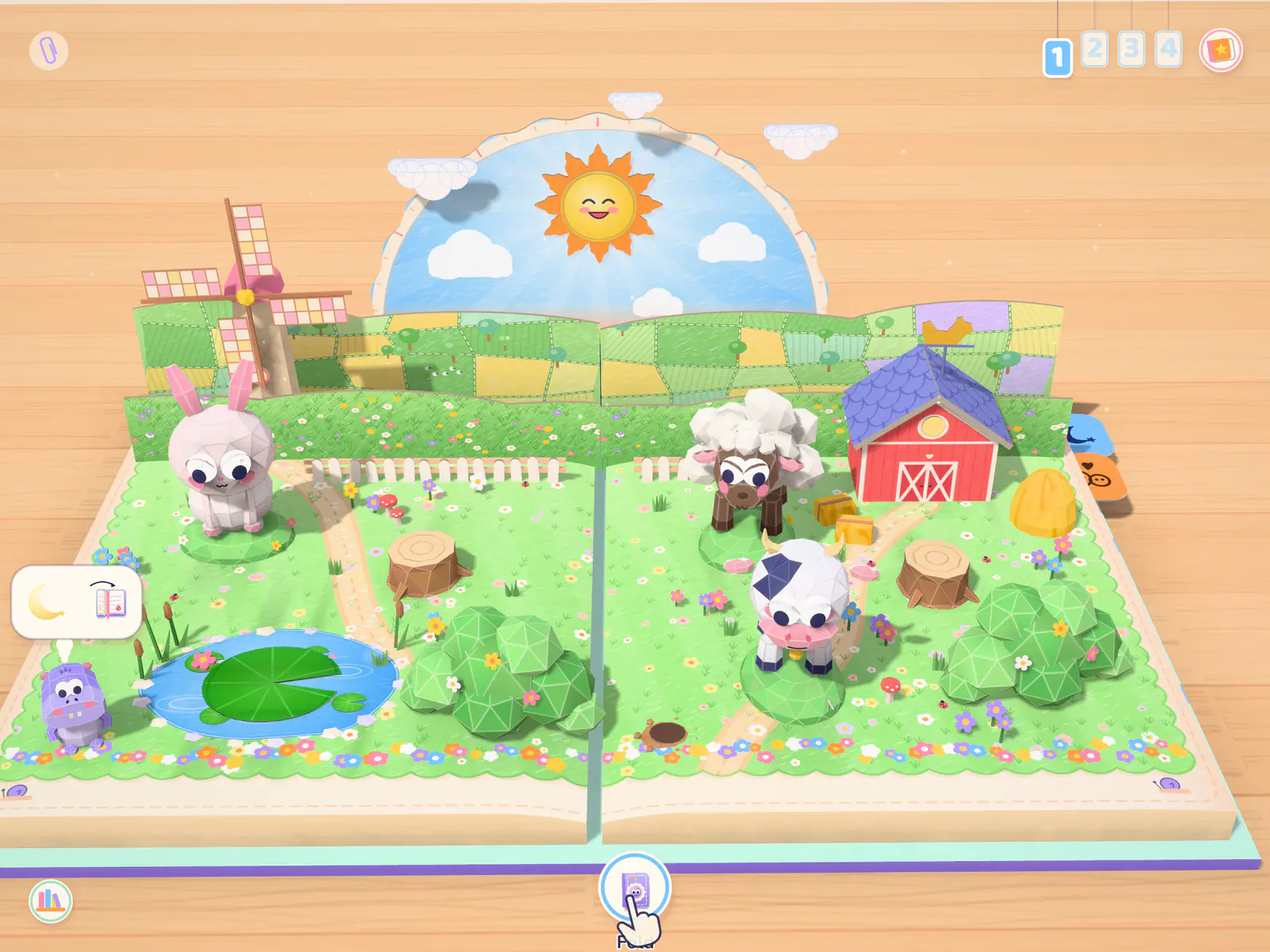 Peekafold on iPad: the Who’s Hiding? meadow with a hint hand